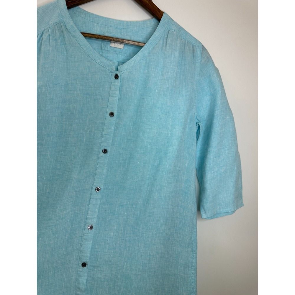 Poetry Linen Button Front Tunic Top V-Neck 3/4 Sleeve Blue Lagonlook Coastal - Picture 5 of 12